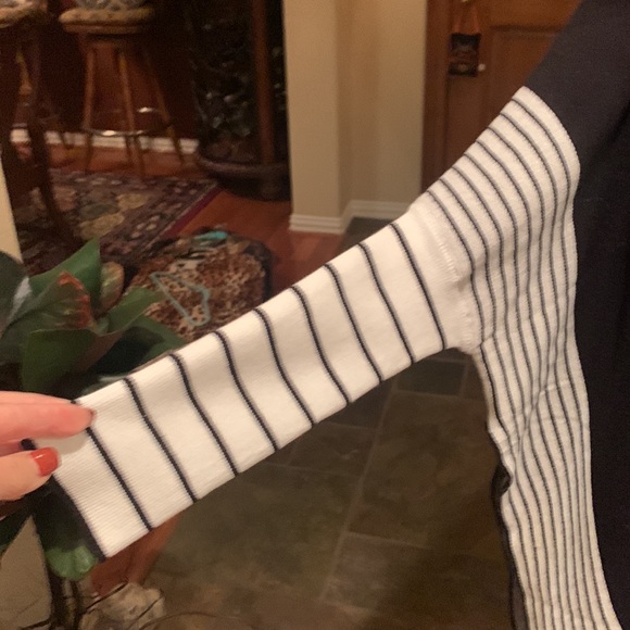 Great black poncho w/slits on sides & black & cream striped bottom & sleeves. - Picture 2 of 5